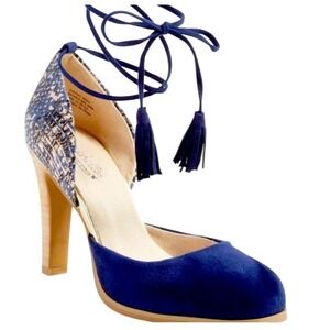 Seychelles Heritage Pumps Womens 7 Navy Blue Suede Snakeskin Lace Up Tassel Heel